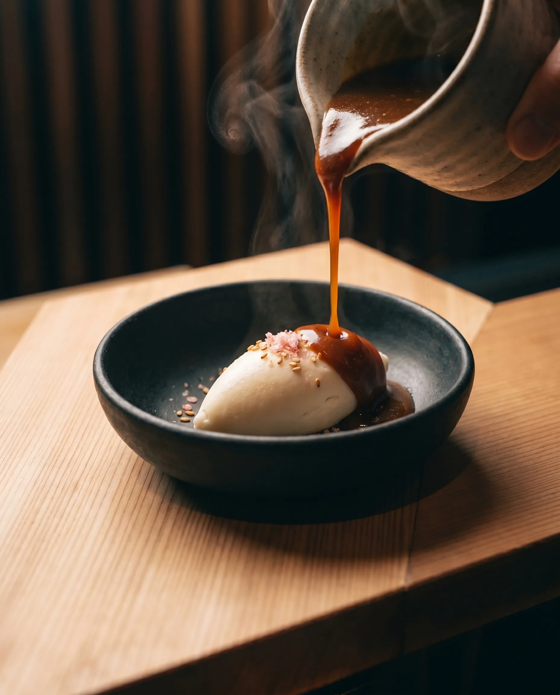 Helado de miso blanco con caramelo de chancaca