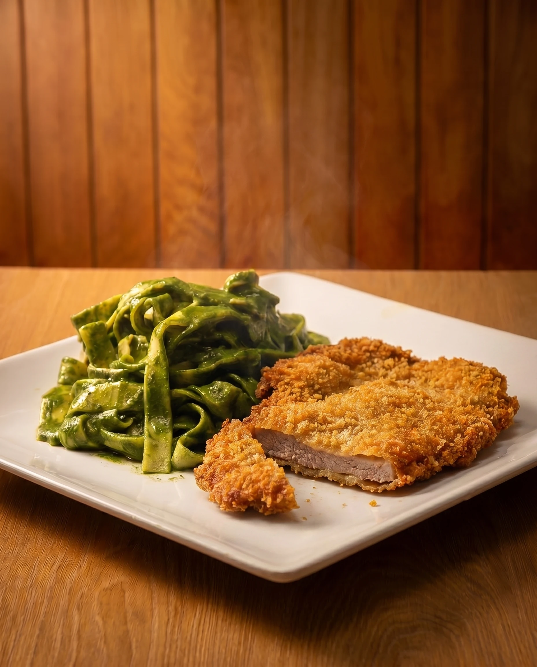 Tallarines Verdes con Bistec al Panko