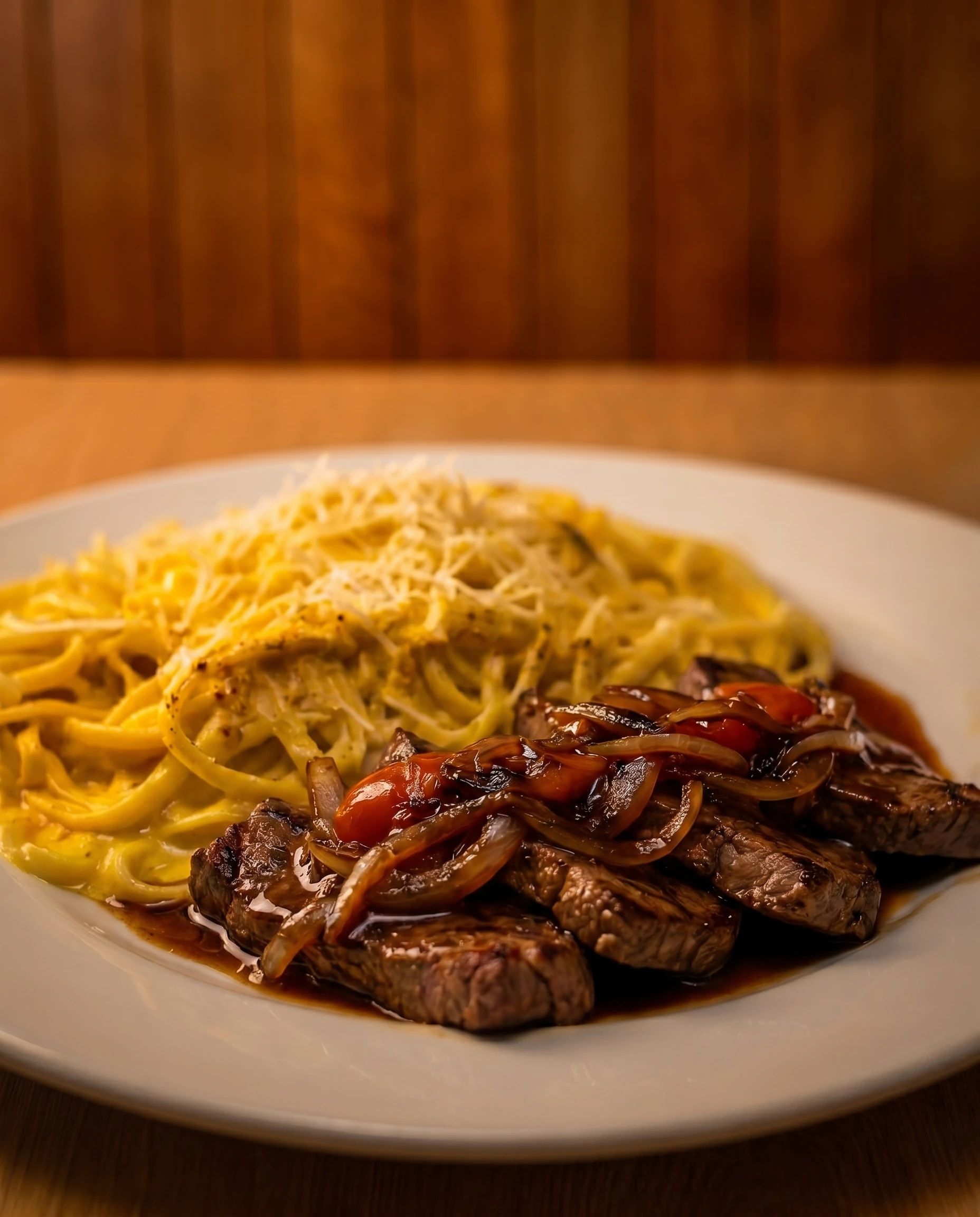 Fettuccini a la Huancaína con Lomo Fino