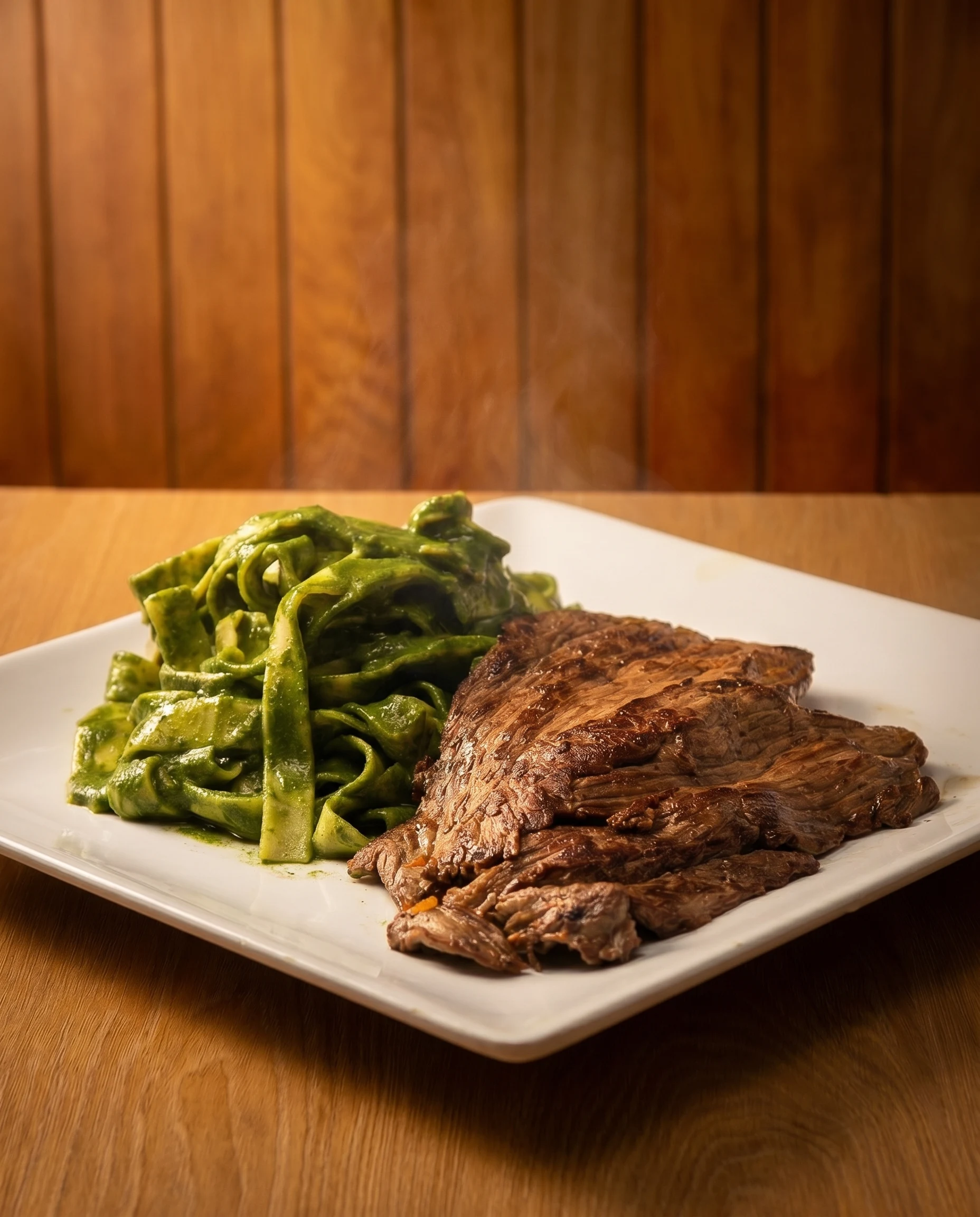 Tallarines Verdes con Bife Ancho